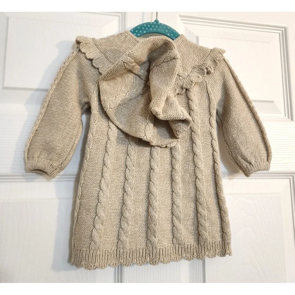 Cynthia Rowley Baby Girl Knit Dress Hat Set 3-6M Taupe Cable Knit NWOT